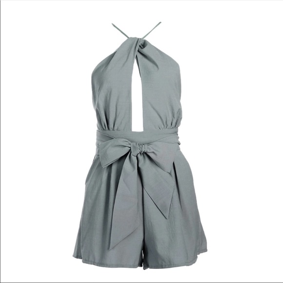 Halter neck Grey Backless Romper Jumpsuit - Picture 4 of 8